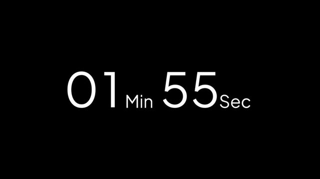 2 minute countdown timer animation from 2 to 1 minute, digital countdown timer transparent background. 2 minute countdown timer animation