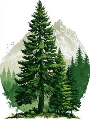 Fototapeta premium Tall green trees stand in front of a mountain with snow on the peaks in a natural setting during daylight