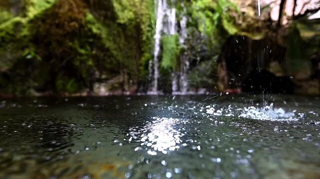 水が流れる、美し滝と緑の苔と光る池