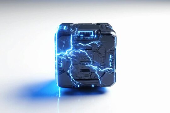 Glowing blue neon cube box on white background. Futuristic energy container, gaming loot crate, or sci-fi interface button. 3D isometric tech design element
