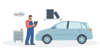 A mechanic with a clipboard stands next to a car in a car service. Auto diagnostics. Flat vector illustration isolated on a white background © tiena