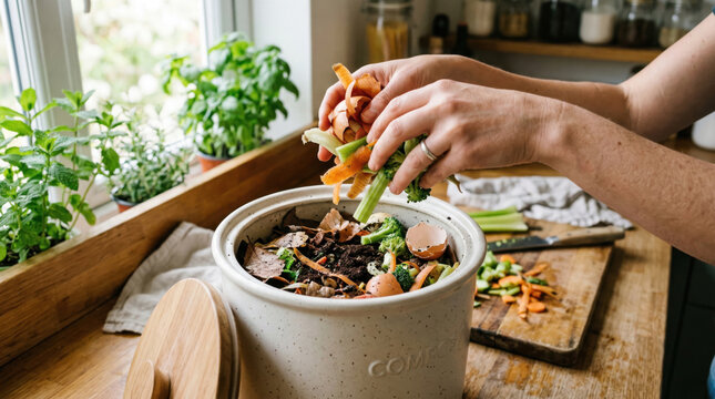 Hands adding organic food scraps to kitchen compost bin