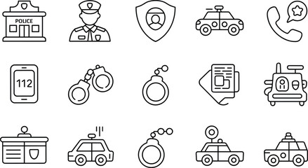 Police and law enforcement line icons set, officer, patrol car, handcuffs, emergency call, security badge, justice symbols © MdMoktar