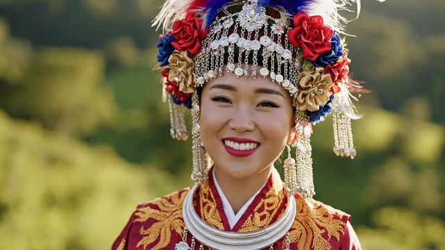 Woman in Traditional Chinese Headdress Smiling.