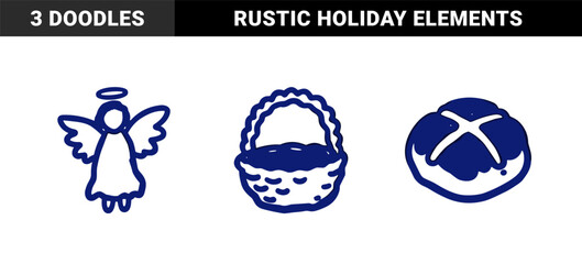 Naklejka premium Easter holiday religious and traditional celebration elements in naive blue marker sketch style. Rustic hand-drawn doodle illustrations featuring angel, basket, and hot cross bun.