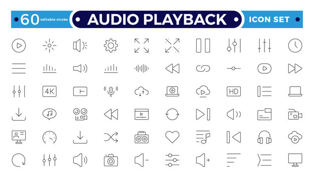 Audio playback outline icon set. Audio and video icon set, multimedia sound and media player symbols, music playback icons, modern flat vector design. Editable stroke outline icon.
