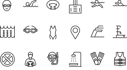 swimming, pool, sport, line, icon, set, swimmer, goggles, lifebuoy, snorkel, diving, flippers, swimsuit, safety, water, activity, outline, vector, collection, recreation © MdMoktar
