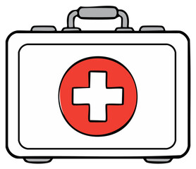Obraz premium Cartoon illustration of a white first aid kit with red medical symbol