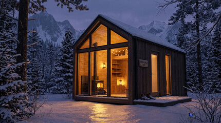 Fototapeta premium Cozy cabin glowing in snowy winter mountains