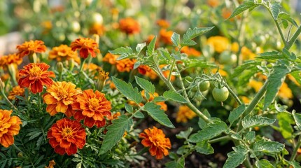 Fototapeta premium Vibrant Garden Scene with Marigolds and Tomato Plants