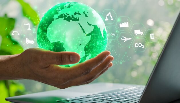 Hand holding a glowing green globe with environmental and CO2 digital icons next to a laptop. Sustainable technology and green eco-friendly business concept.
