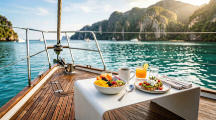 Obraz premium Sailing yacht breakfast with tropical island views in thailand