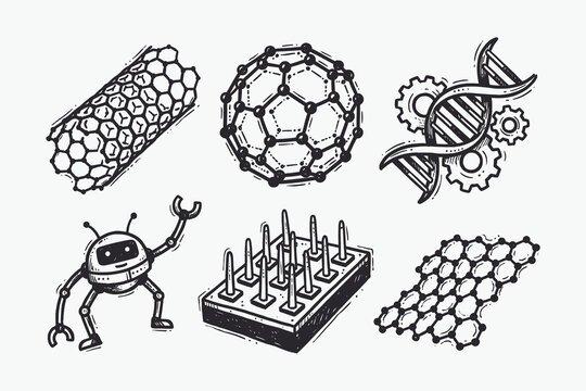 Hand-drawn icons of nanotechnology, future science, robotics, and advanced materials.