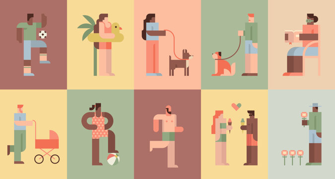 Flat people outdoor activities, park and beach character set