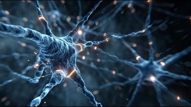 Neural Network Visualization: An intricate visual representation of interconnected neurons firing with electrical impulses, depicting the complex beauty of the brain and human intellect.
