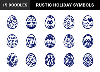 Fototapeta premium Hand-drawn Easter eggs featuring folk art patterns and symbolic motifs. Rustic naive marker sketch illustrations for holiday greeting cards and spring decor.