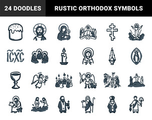 Naklejka premium Orthodox Christian religious symbols and biblical scenes in a rustic hand-drawn doodle style. Naive marker sketch illustrations for spiritual branding.