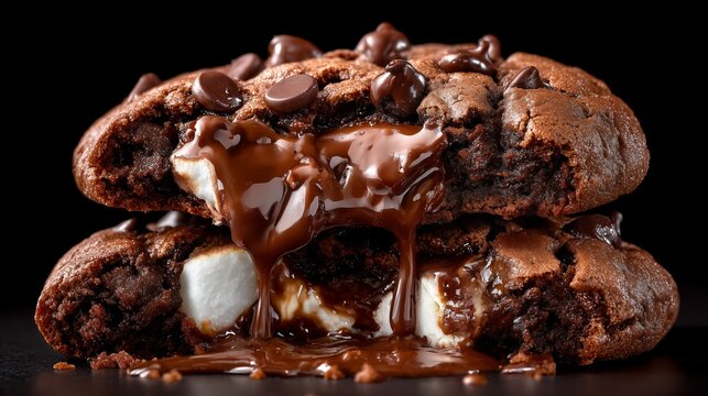 gooey double chocolate fudge cookie stack with melted marshmallow dessert closeup