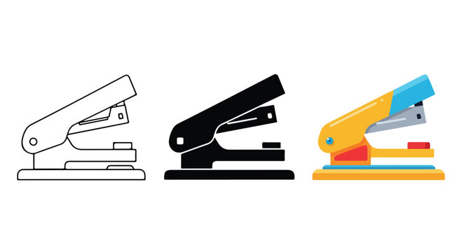 Three staplers in different colors and line styles on a white background, showcasing various office supplies.