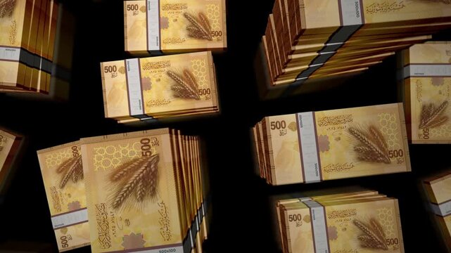 Syria pounds Syrian money notes packs loop. 3D flight over 500 SYP banknotes stacks towers. Loopable seamless abstract background concept of business, economy crisis and finance.