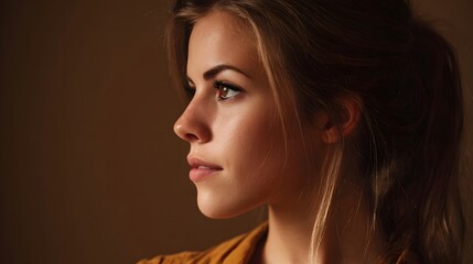 Fototapeta premium Profile portrait of a young woman with blonde hair and warm ambient lighting looking thoughtfully to the side