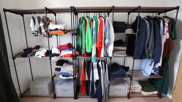 Young woman is filling an opened wardrobe with clothes. Timelapse 4k footage