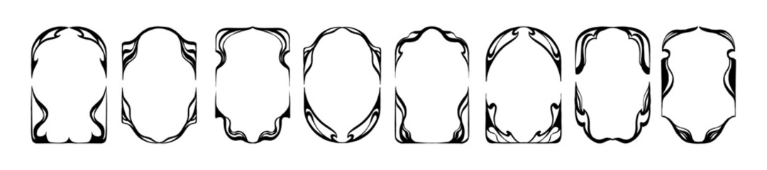 Obraz premium Antique art deco frame set, hand drawn organic romantic vintage border, doodle wedding invitation. Elegant gothic ornamental decoration classic abstract swirl print. Dark antique arch frame collection