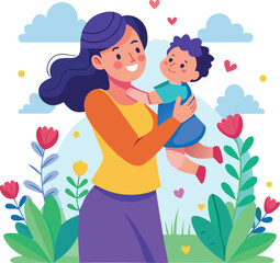 Mother Holding Baby in Flower Garden with Clouds and Hearts Illustration