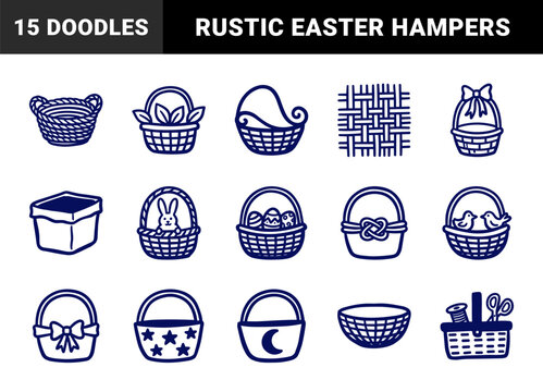Hand-drawn woven baskets and Easter hampers in a rustic naive doodle style. Simple marker sketch illustrations for seasonal spring branding and organic garden packaging.
