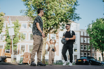 Two young men stand and talk on a sunny Dutch city street wearing casual clothes and backpacks. The pair socialize outdoors in a relaxed urban setting near historic canal houses.