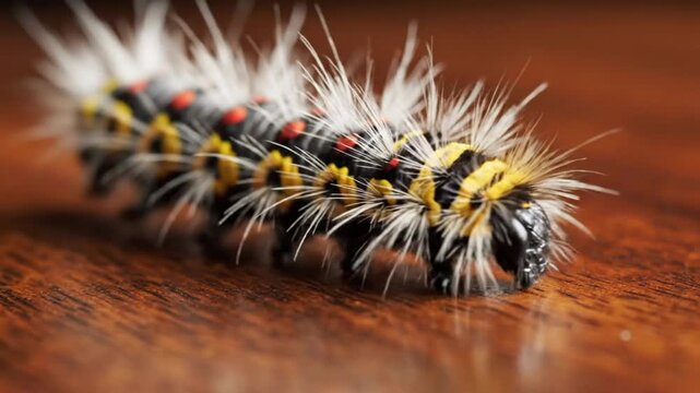 Closeup view of a colorful caterpillar crawling on a wooden surface, showing its segmented body and hairs