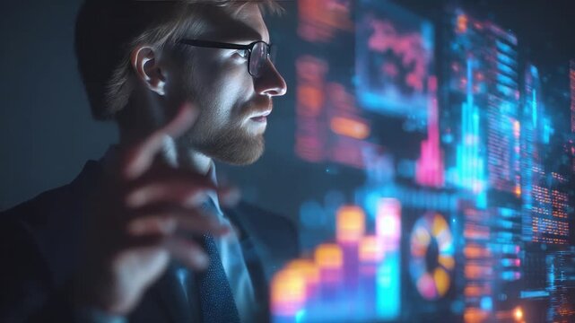 Data Analyst at Work: A focused analyst immersed in a dynamic data visualization, meticulously analyzing intricate datasets and algorithms, embodying the essence of modern data science.