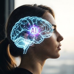 Obraz premium Brain artificial intelligence network with a young woman's profile silhouette, representing neural connections