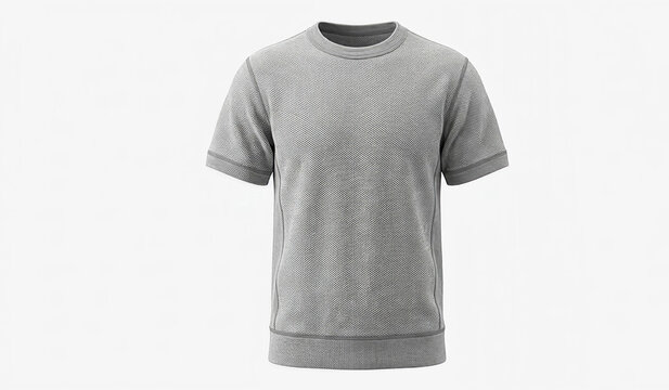 Premium Gray Textured Knit T-Shirt Mockup Isolated on White Background with Detailed Stitching
