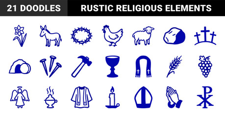 Naklejka premium Hand-drawn Christian religious symbols and Easter elements for spiritual branding. Rustic blue marker sketch illustrations featuring faith and church concepts.