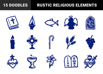 Naklejka premium Hand-drawn Christian religious symbols for spiritual branding. Naive marker sketch illustrations featuring bible, cross, and sacred heart elements.