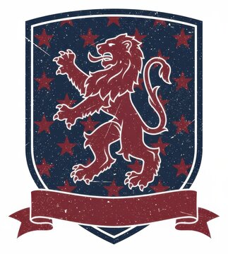 Vintage heraldic lion crest, distressed shield emblem with stars and ribbon banner, retro royal coat of arms graphic
