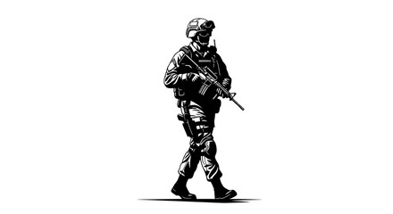 Obraz premium Soldier Walking with Rifle, Military Action, Tactical Gear, Black and White