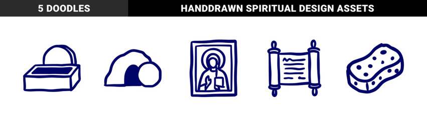 Fototapeta premium Hand-drawn religious and biblical symbols in a naive blue marker doodle style. Rustic, crude spiritual illustrations for organic faith-based branding.