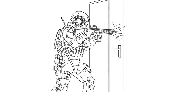 Special Forces Soldier Breaching Door with Assault Rifle, Tactical Operation