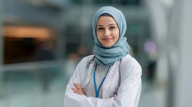 Professional Female Healthcare Provider: A poised medical professional, draped in a hijab and lab coat, radiates expertise and compassion, reflecting dedication in the healthcare field.