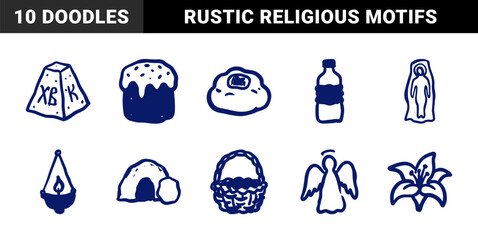 Naklejka premium Hand-drawn Orthodox Easter symbols in a rustic blue ink doodle style. Naive marker sketch illustrations of Paska, kulich, and religious motifs.