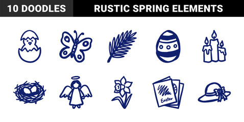 Naklejka premium Hand-drawn Easter holiday and spring celebration elements in a rustic marker sketch style. Naive doodle illustrations featuring seasonal nature and religious symbols.
