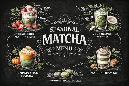 Seasonal matcha menu chalkboard with spring strawberry latte summer iced coconut and autumn pumpkin spice drinks