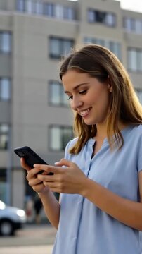 A young woman smiles while using her smartphone outdoors, enjoying a moment of connection and technology against a modern urban backdrop showcasing contemporary architecture.