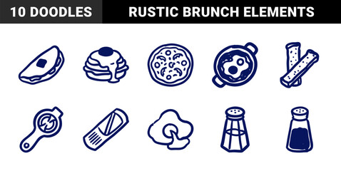 Hand-drawn breakfast and brunch food elements with naive marker sketch aesthetic. Rustic blue ink doodle illustrations of pancakes, eggs, and seasonings.