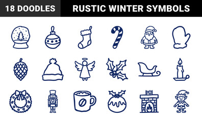 Naklejka premium Hand-drawn Christmas holiday elements in a rustic blue ink doodle style. Naive marker sketch illustrations for seasonal branding and winter crafts.