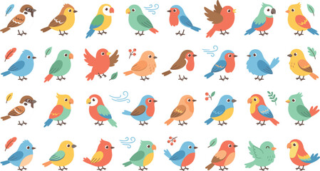 Large Collection of Cute Garden Birds and Colorful Parrots featuring Robins, Sparrows, and Tropical Macaws for Nursery Decor, Greeting Cards, and Educational Graphic Designs © Sharifa