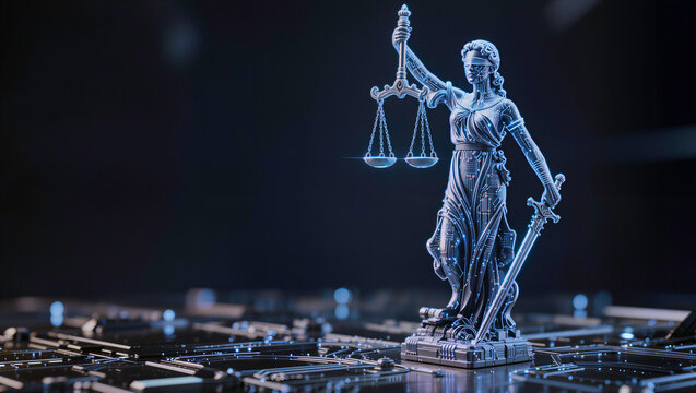 Digital Lady Justice statue on a circuit board representing AI law, cyber justice, technology and legal ethics with glowing scales and sword in a futuristic algorithm of justice concept