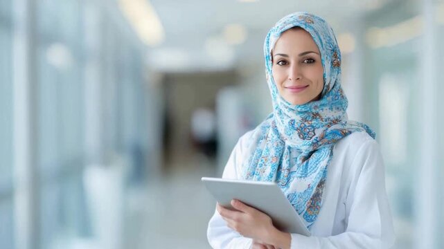 Confident Professional in Focus: A poised professional, adorned in a headscarf, stands with an air of assuredness while holding a digital tablet. Embracing her elegance and wisdom.